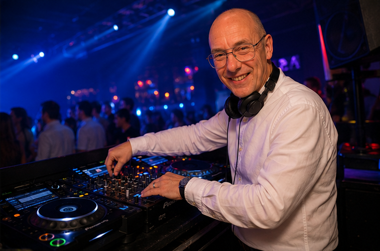 Dr. Frank am DJ-Pult bei einer Party in Nordrhein-Westfalen