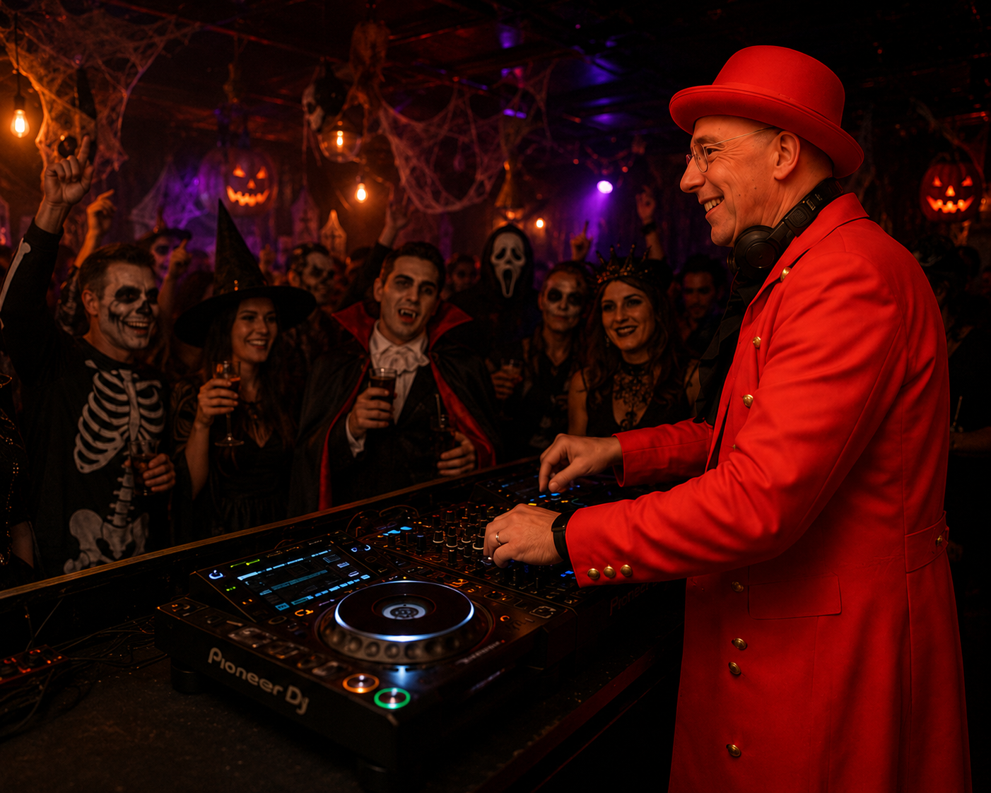 Dr. Frank am DJ-Pult bei einer Motto-Party