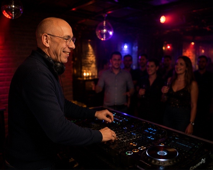 Dr. Frank legt bei einer Party in stimmungsvoller Club-Atmosph&auml;re auf