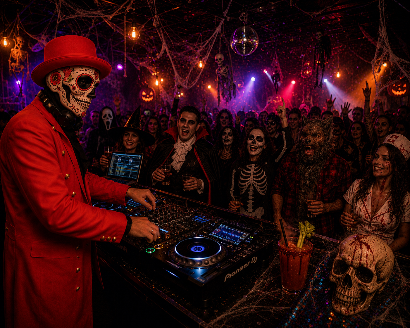 DJ in rotem Kostüm bei Halloween-Party