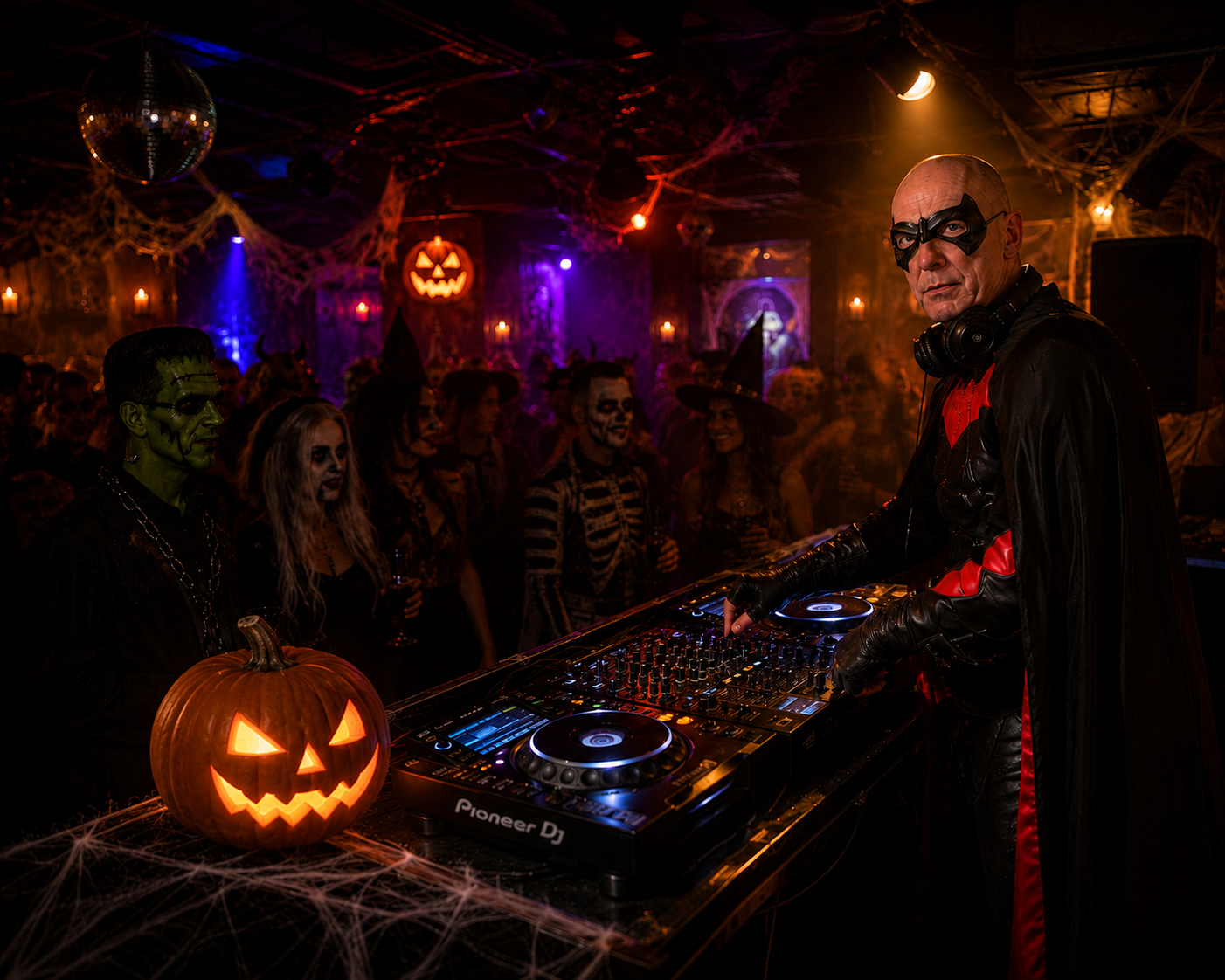 Halloween-DJ mit Maske vor verkleidetem Publikum