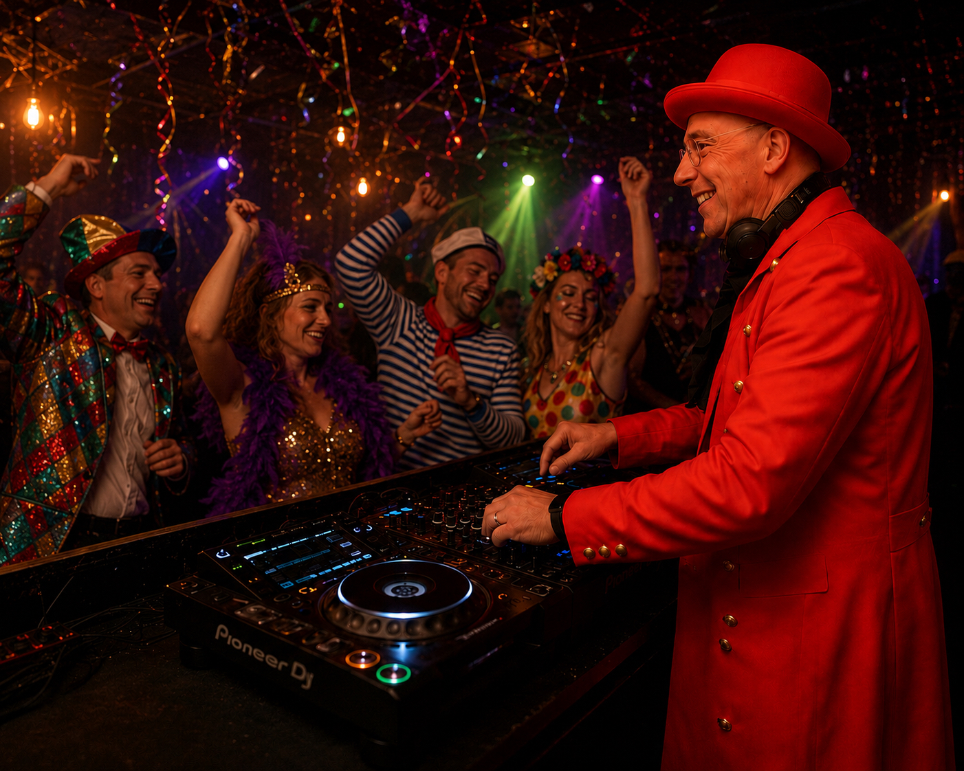 Dr. Frank im roten Outfit bei einer Karnevalsparty am DJ-Pult
