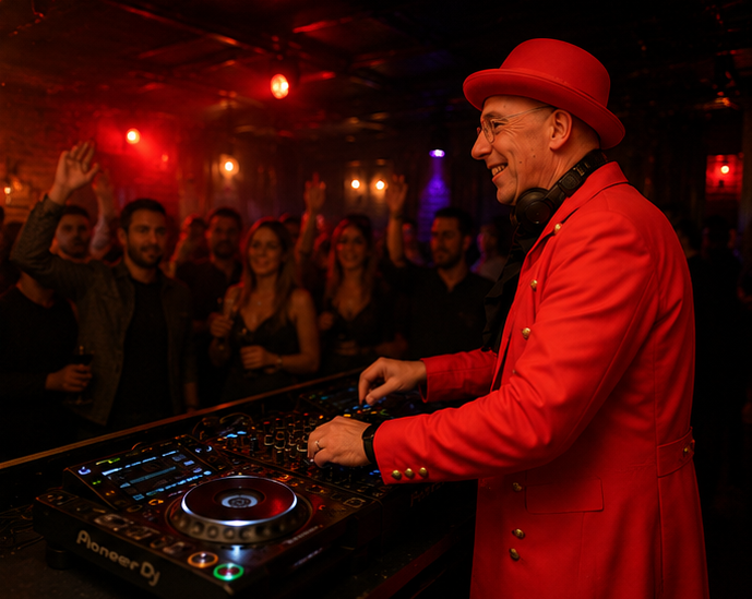 Dr. Frank im roten Motto-Outfit am DJ-Pult bei einer Party